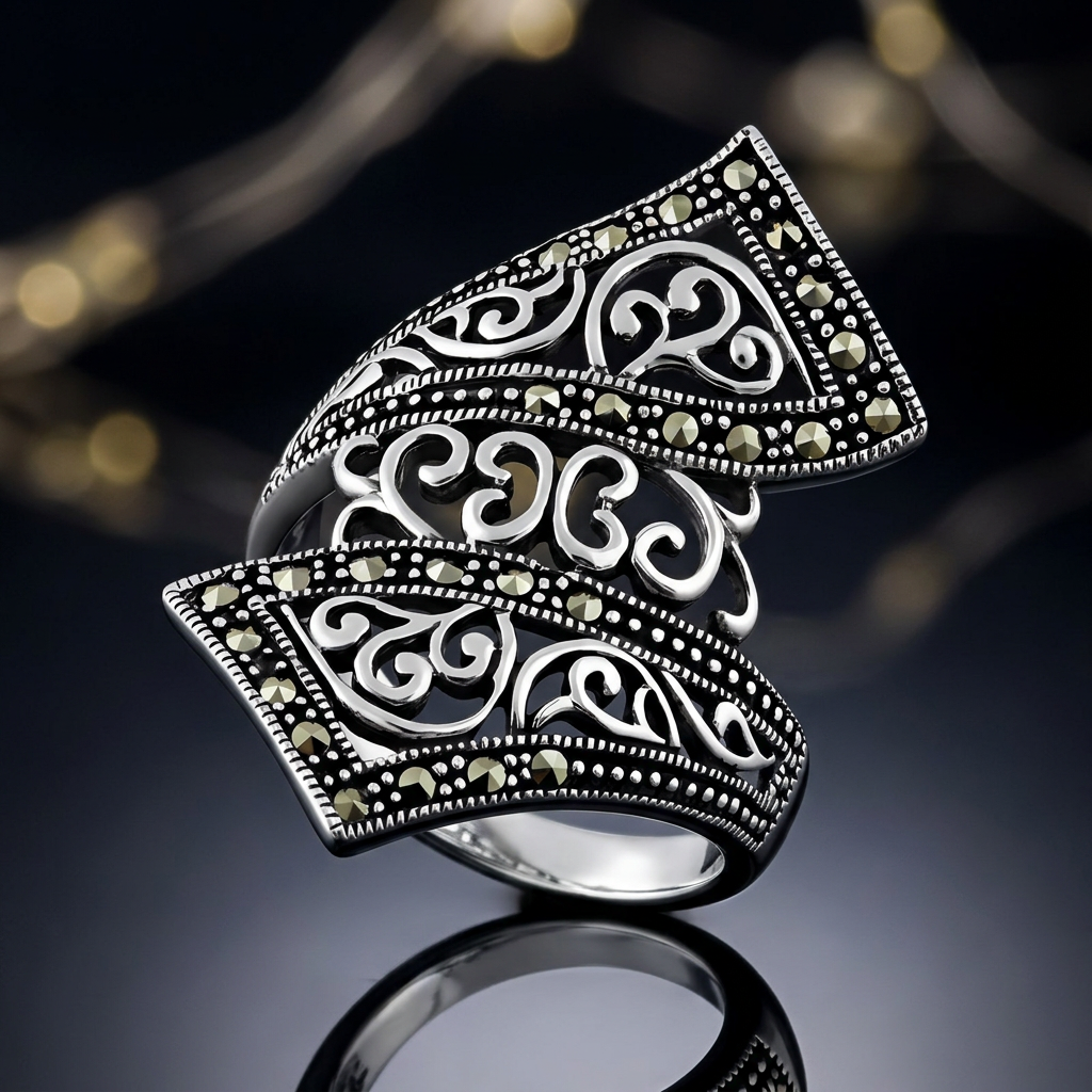 Sterling Silver Marcasite Filigree Scroll Bypass Statement Ring for Women life4