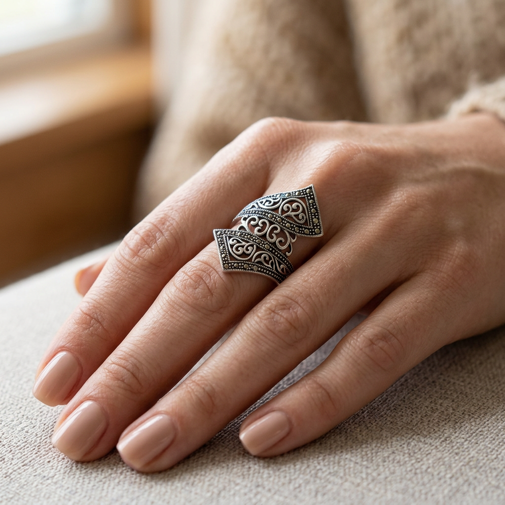 Sterling Silver Marcasite Filigree Scroll Bypass Statement Ring for Women model