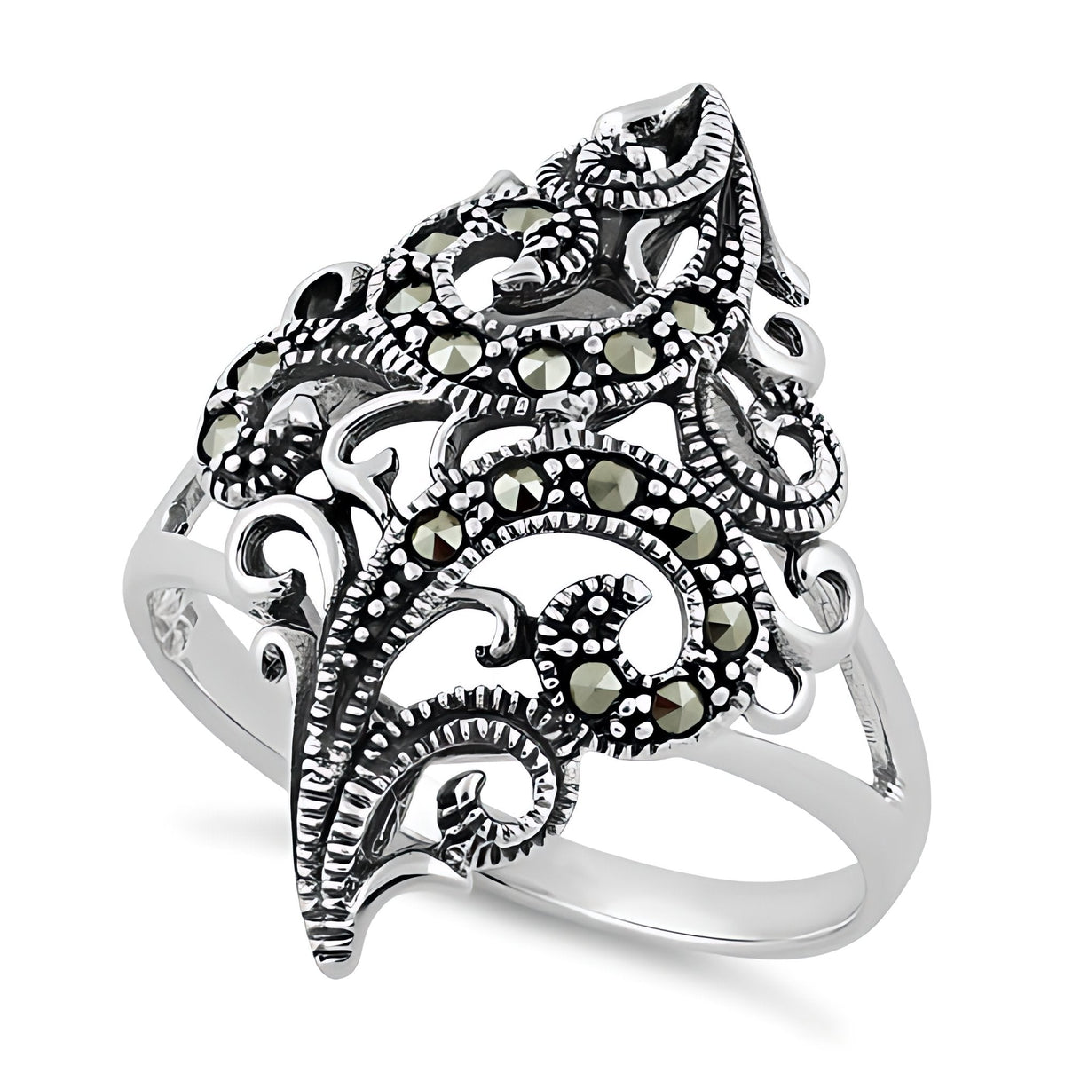 Sterling Silver Marcasite Fern Scroll Spray Long Statement Ring for Women