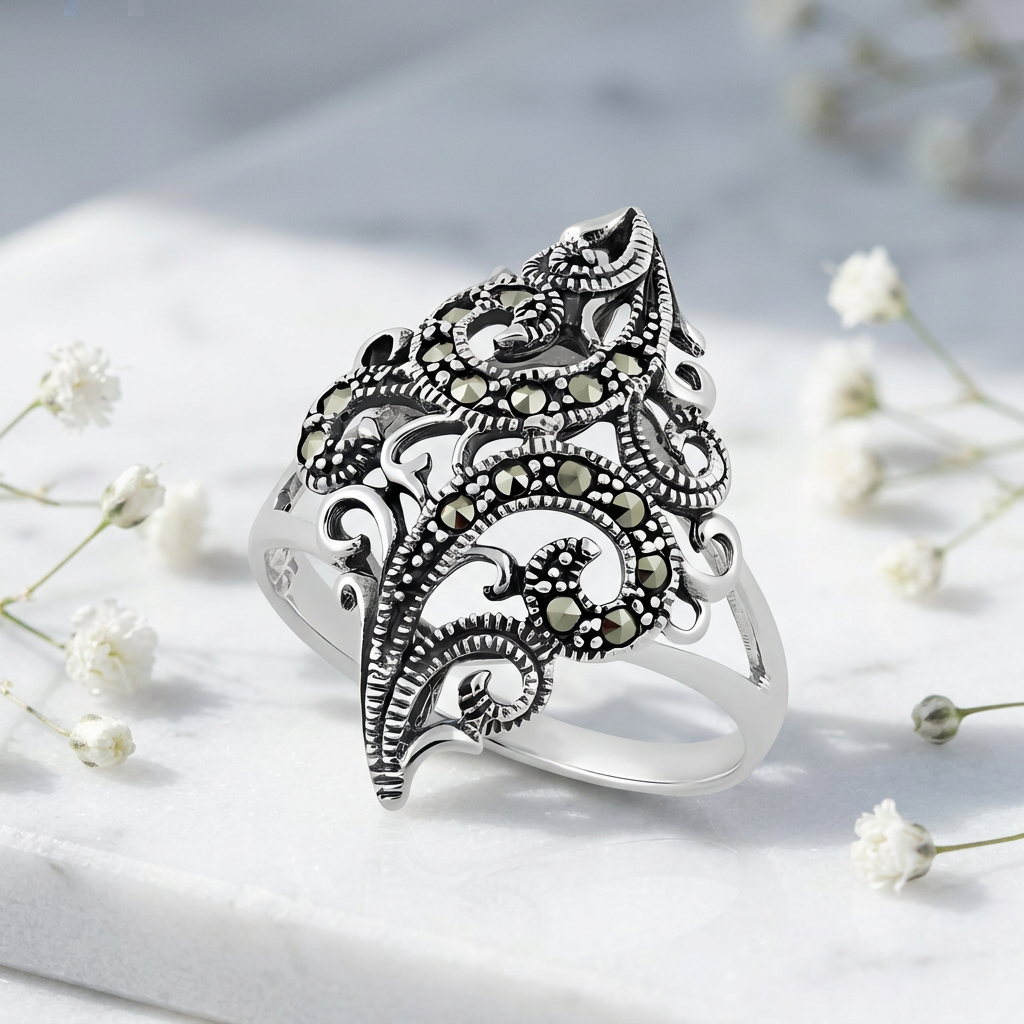 Sterling Silver Marcasite Fern Scroll Spray Long Statement Ring for Women life1