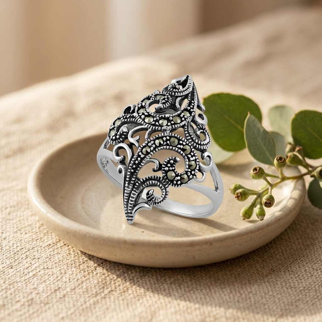 Sterling Silver Marcasite Fern Scroll Spray Long Statement Ring for Women life2