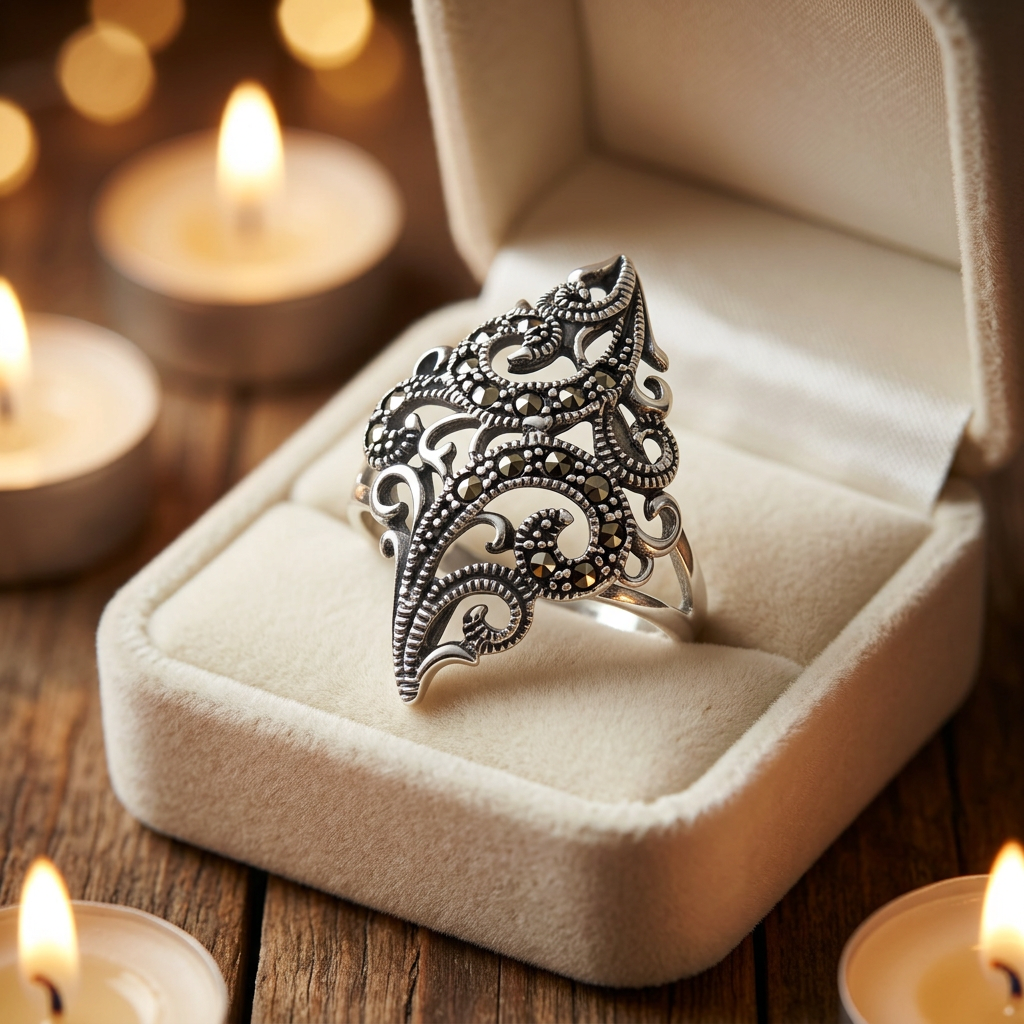 Sterling Silver Marcasite Fern Scroll Spray Long Statement Ring for Women life3