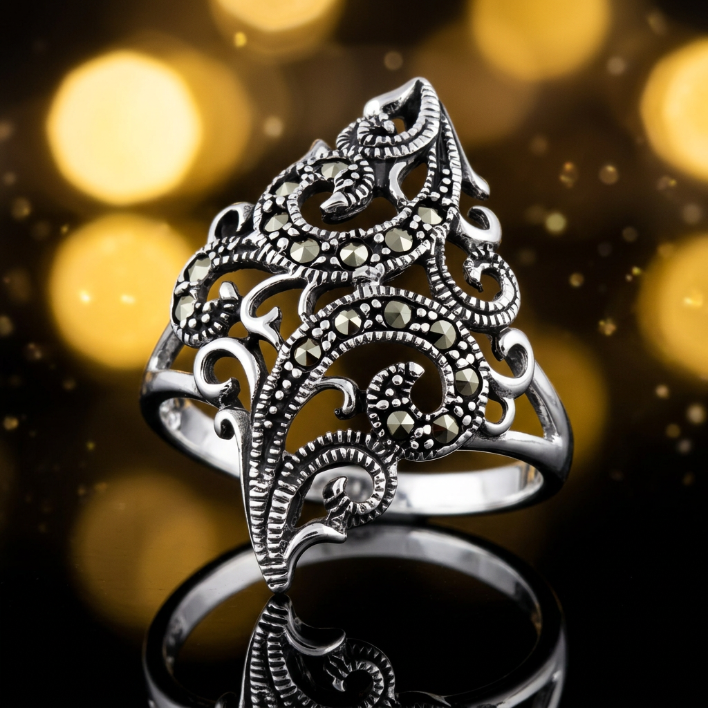 Sterling Silver Marcasite Fern Scroll Spray Long Statement Ring for Women life4