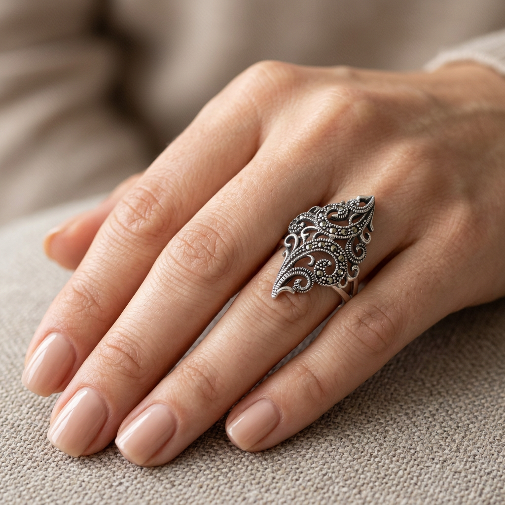 Sterling Silver Marcasite Fern Scroll Spray Long Statement Ring for Women model