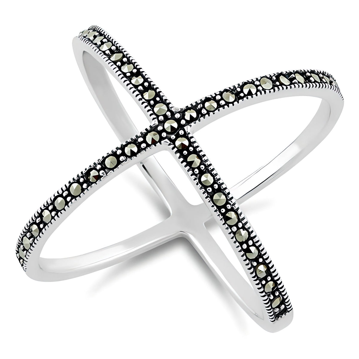 Sterling Silver Marcasite Criss Cross X Wire Statement Ring for Women