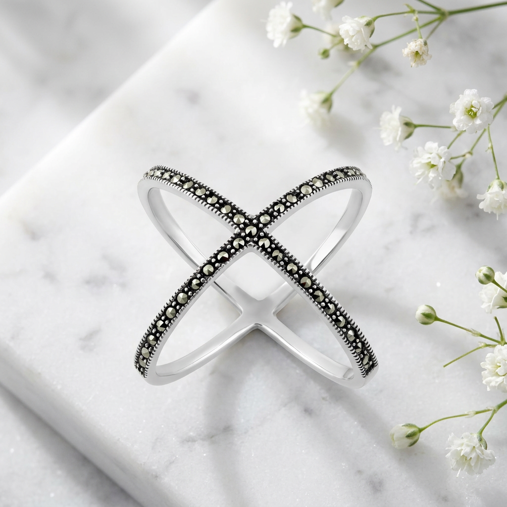 Sterling Silver Marcasite Criss Cross X Wire Statement Ring for Women life1