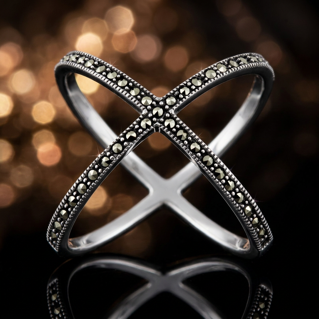 Sterling Silver Marcasite Criss Cross X Wire Statement Ring for Women life4