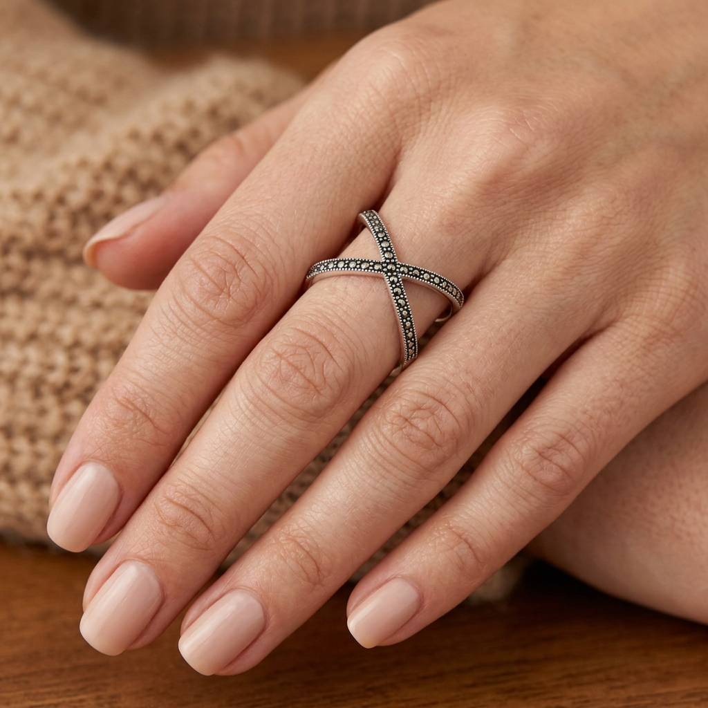 Sterling Silver Marcasite Criss Cross X Wire Statement Ring for Women model