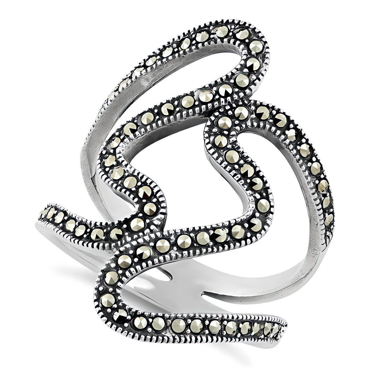 Sterling Silver 27mm Marcasite Swirl Open Split Shank Statement Ring for Women