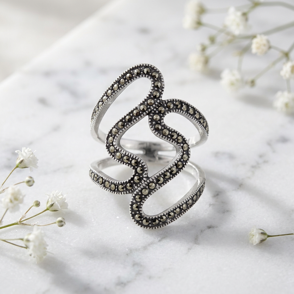 Sterling Silver 27mm Marcasite Swirl Open Split Shank Statement Ring for Women life1