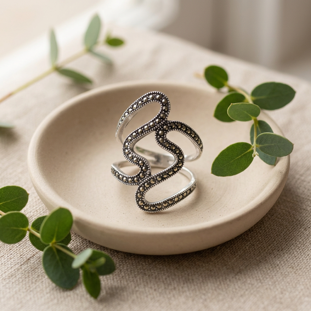 Sterling Silver 27mm Marcasite Swirl Open Split Shank Statement Ring for Women life2