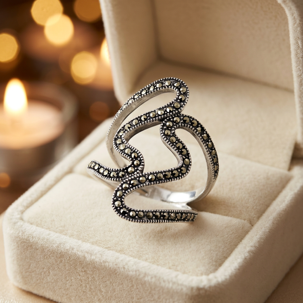 Sterling Silver 27mm Marcasite Swirl Open Split Shank Statement Ring for Women life3