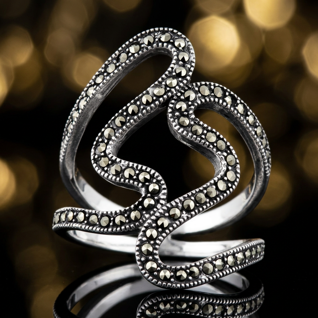 Sterling Silver 27mm Marcasite Swirl Open Split Shank Statement Ring for Women life4