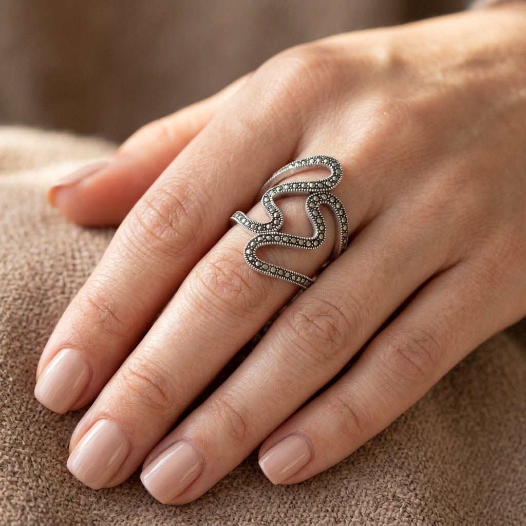 Sterling Silver 27mm Marcasite Swirl Open Split Shank Statement Ring for Women model