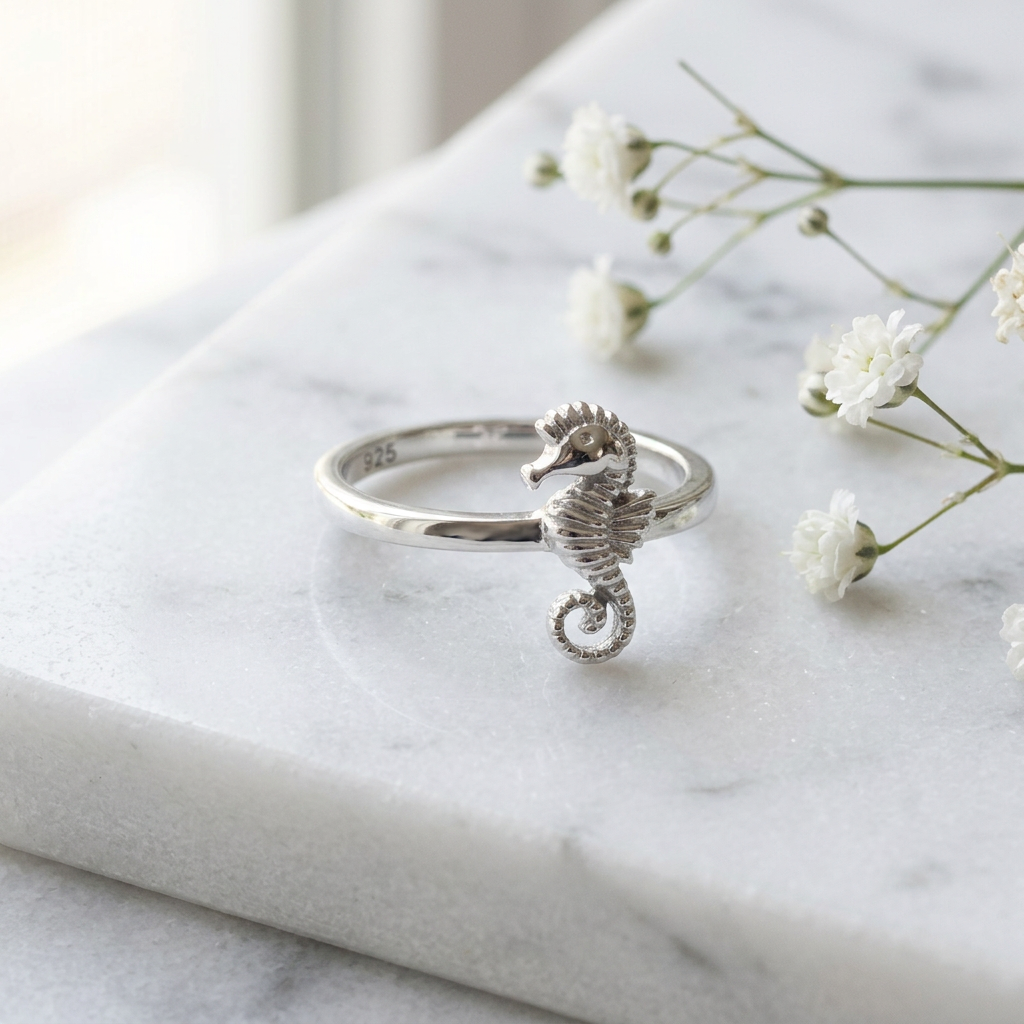 Sterling Silver 1.7mm Sculpted Seahorse Ocean Ring for Women life1