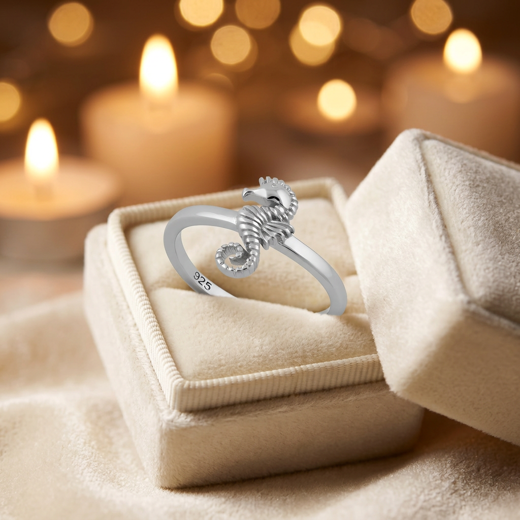 Sterling Silver 1.7mm Sculpted Seahorse Ocean Ring for Women life3