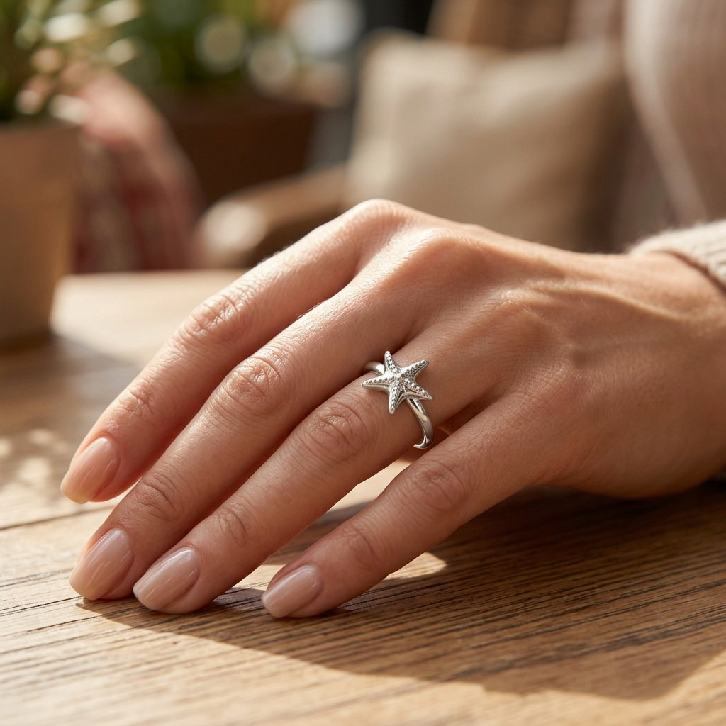 Sterling Silver Dainty Starfish Stacking Ring for Women, Beach Jewelry model