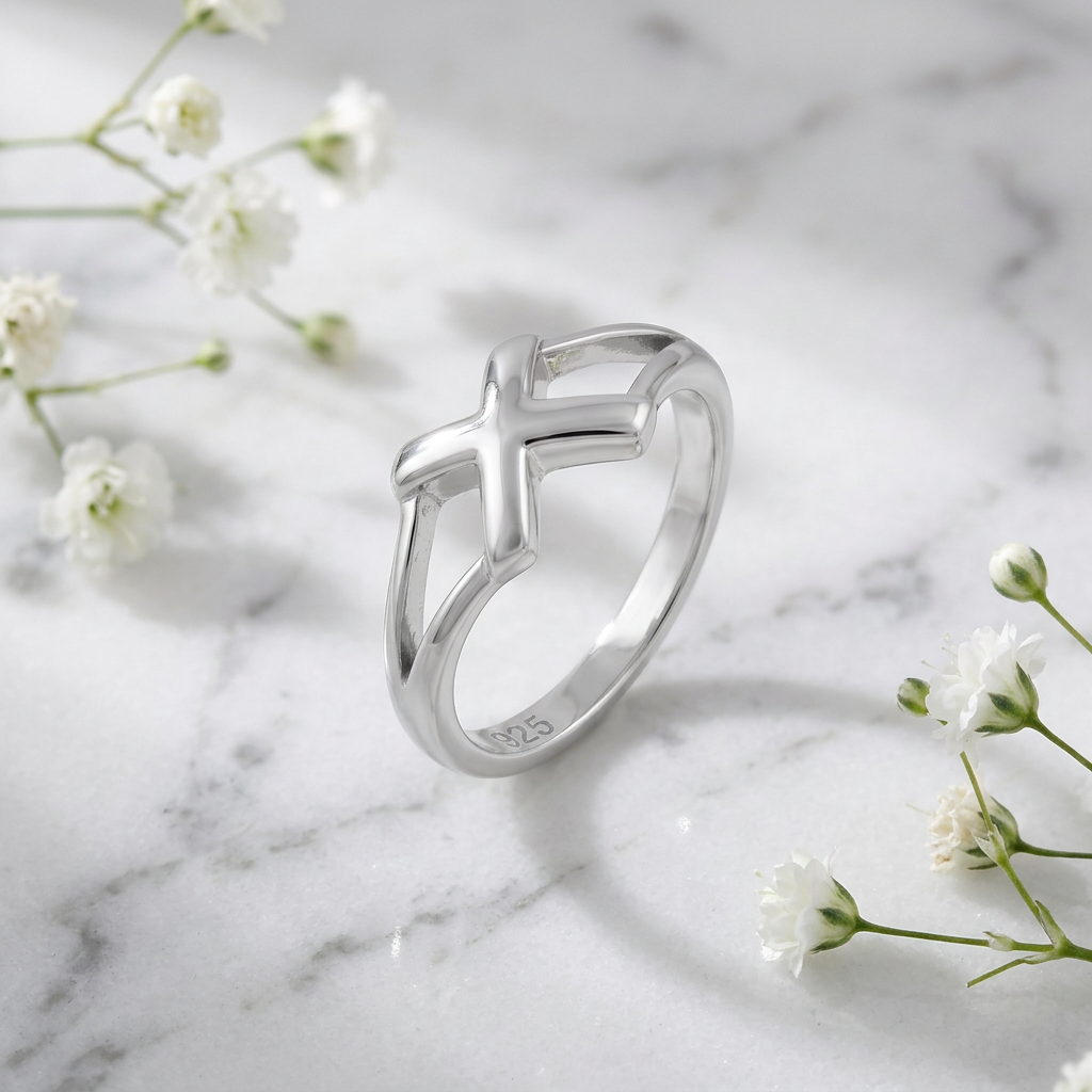 Sterling Silver 2mm Cross Split Band Faith Promise Ring for Women life1