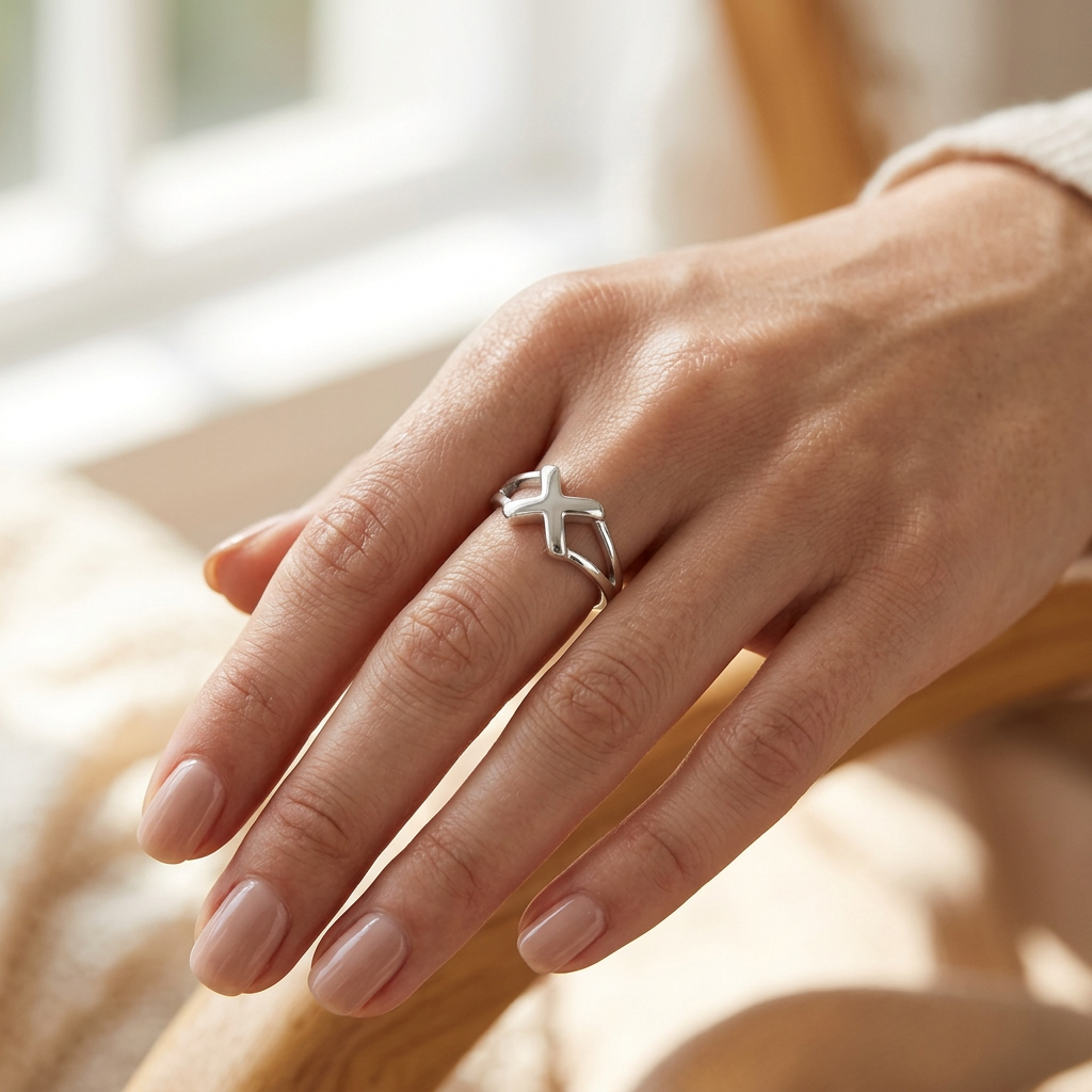 Sterling Silver 2mm Cross Split Band Faith Promise Ring for Women model