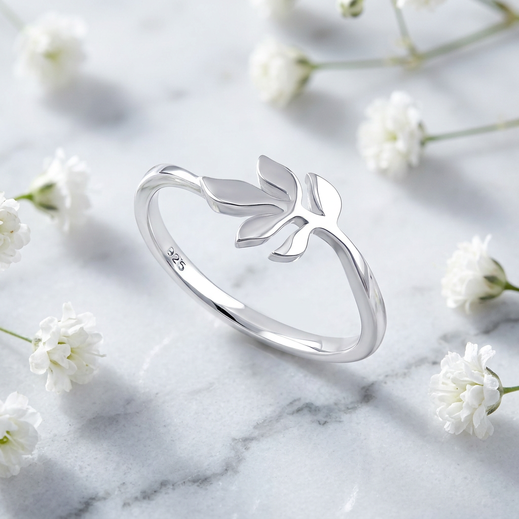 Sterling Silver 1.5mm Five Leaf Sprig Curved Band Ring for Women life1