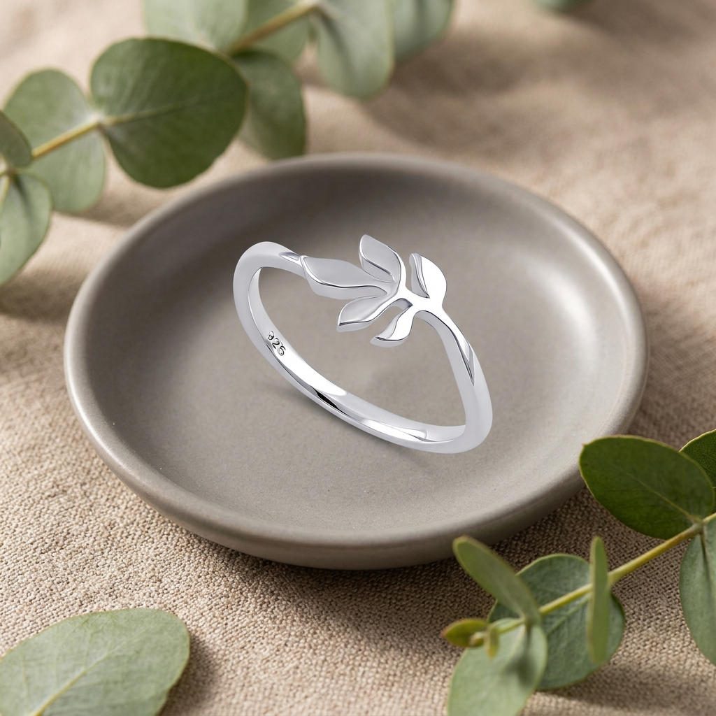 Sterling Silver 1.5mm Five Leaf Sprig Curved Band Ring for Women life2