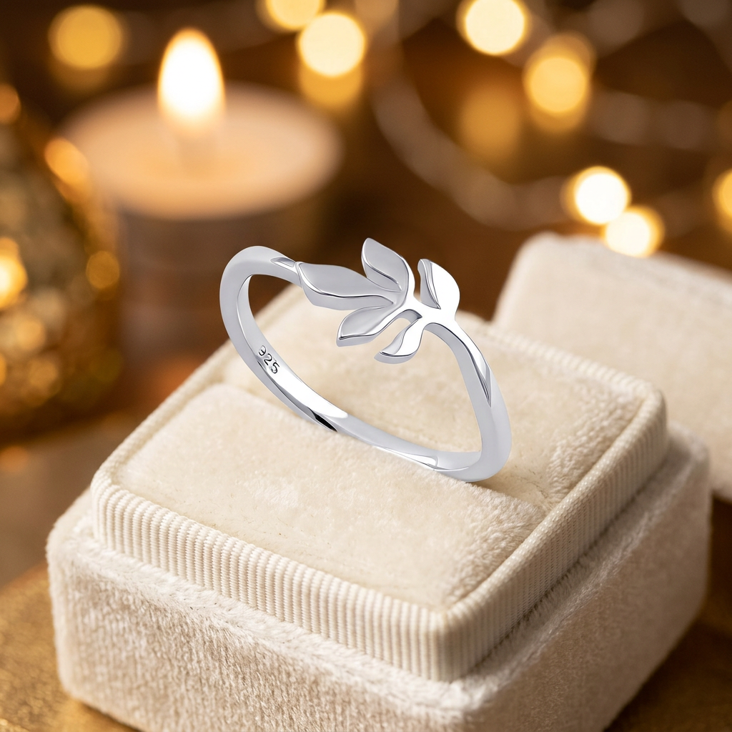 Sterling Silver 1.5mm Five Leaf Sprig Curved Band Ring for Women life3