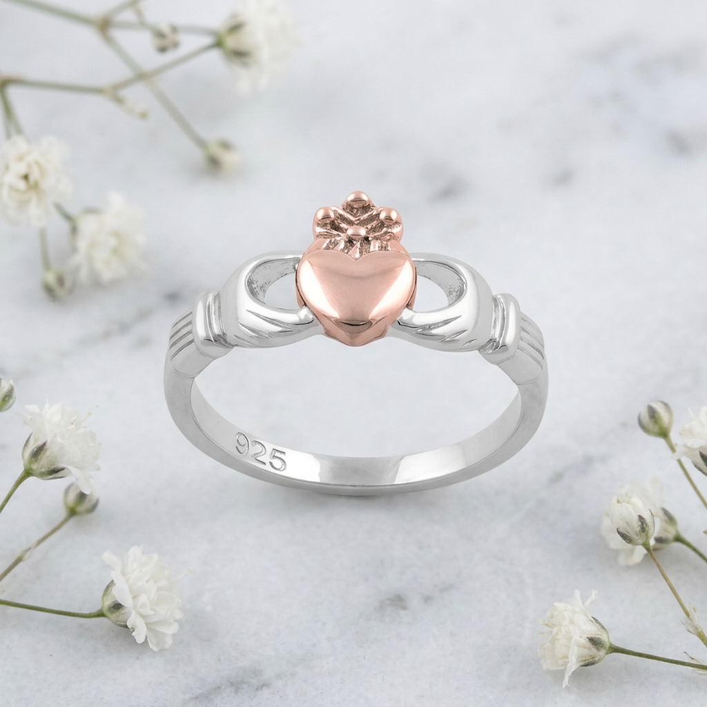 Rose Gold Plated Sterling Silver Two Tone Claddagh Heart Ring for Women life1