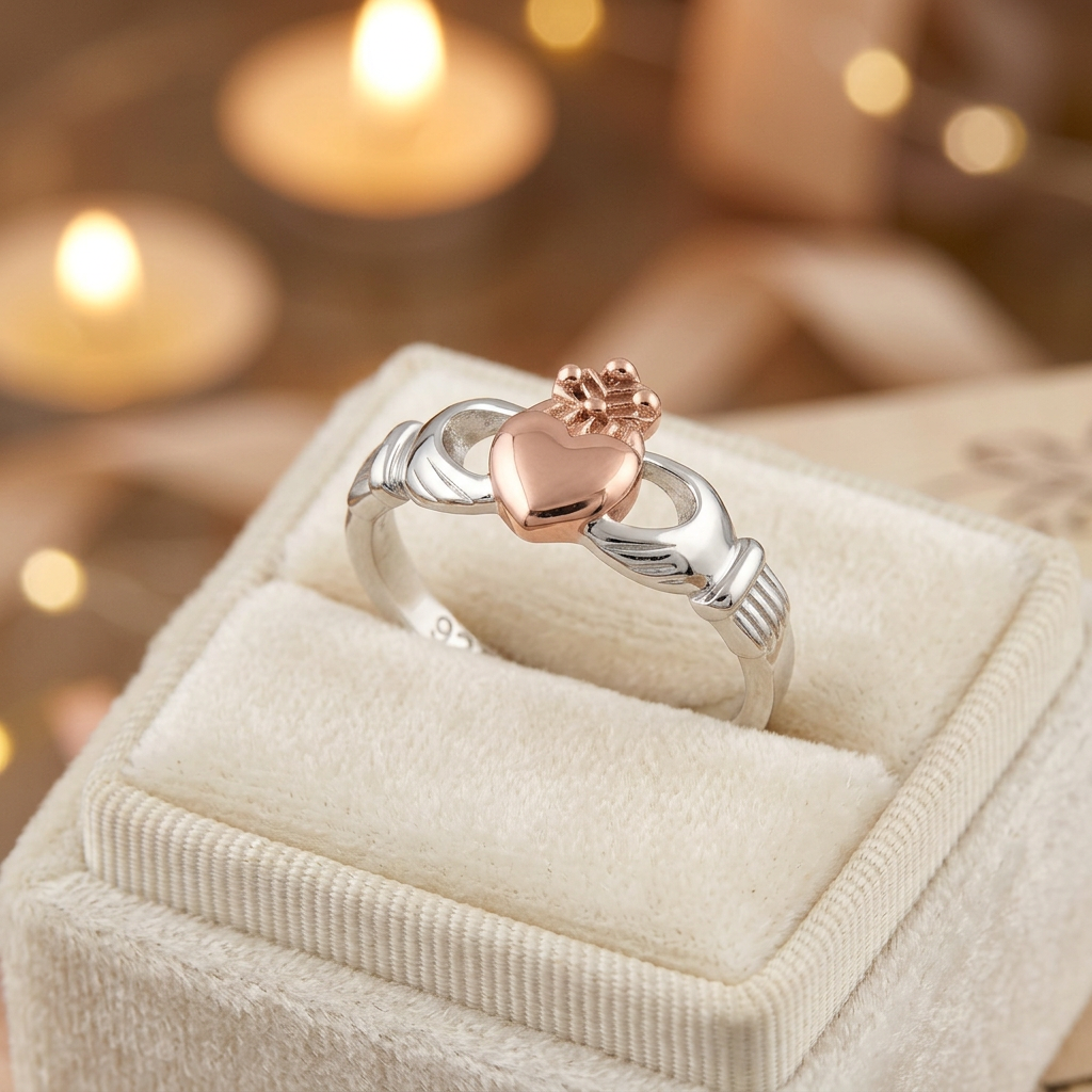 Rose Gold Plated Sterling Silver Two Tone Claddagh Heart Ring for Women life3