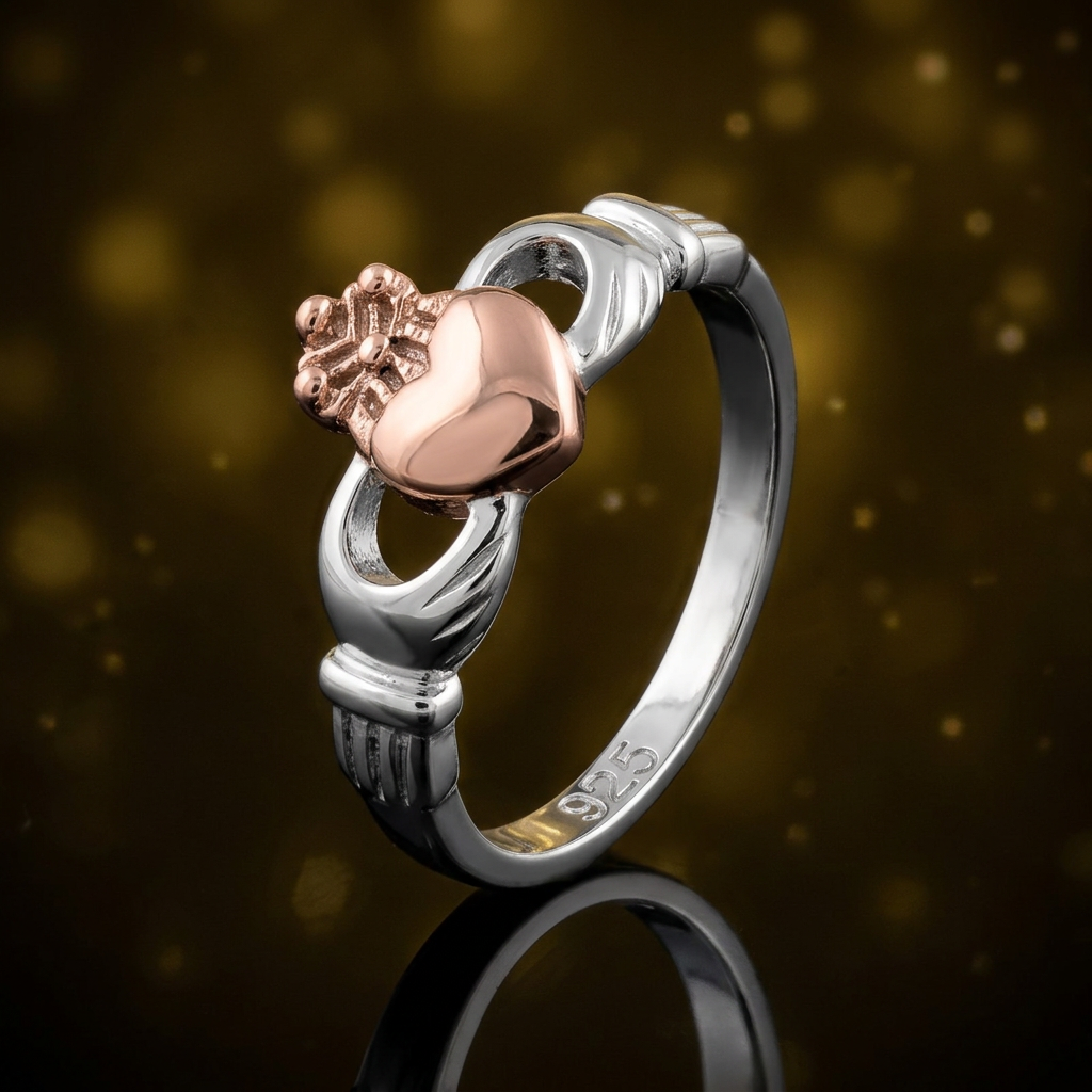 Rose Gold Plated Sterling Silver Two Tone Claddagh Heart Ring for Women life4