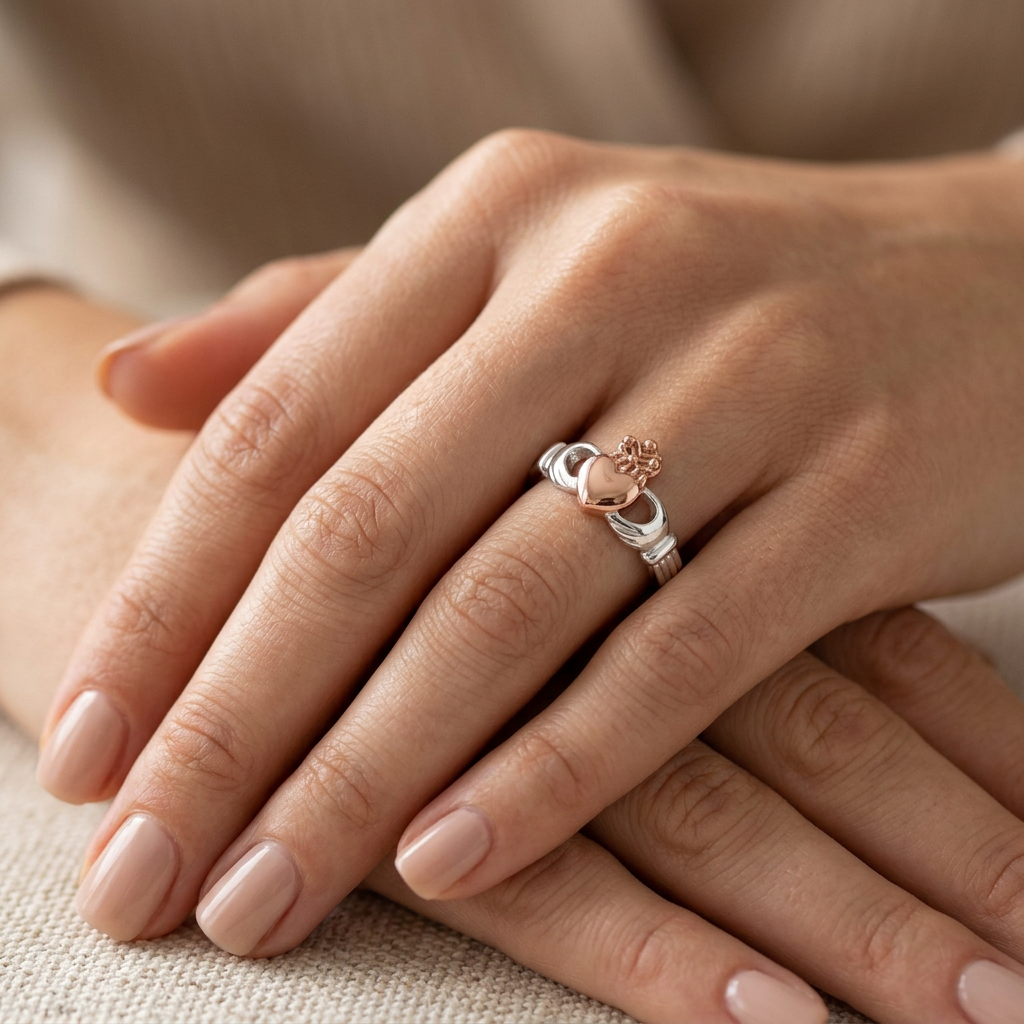 Rose Gold Plated Sterling Silver Two Tone Claddagh Heart Ring for Women model