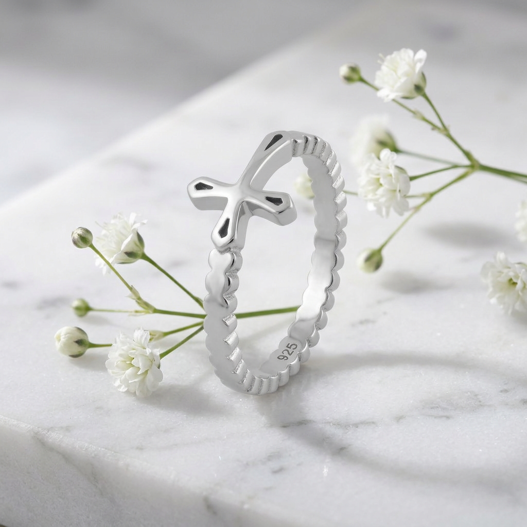 Sterling Silver Sideways Cross Beaded Band Ring for Women life1