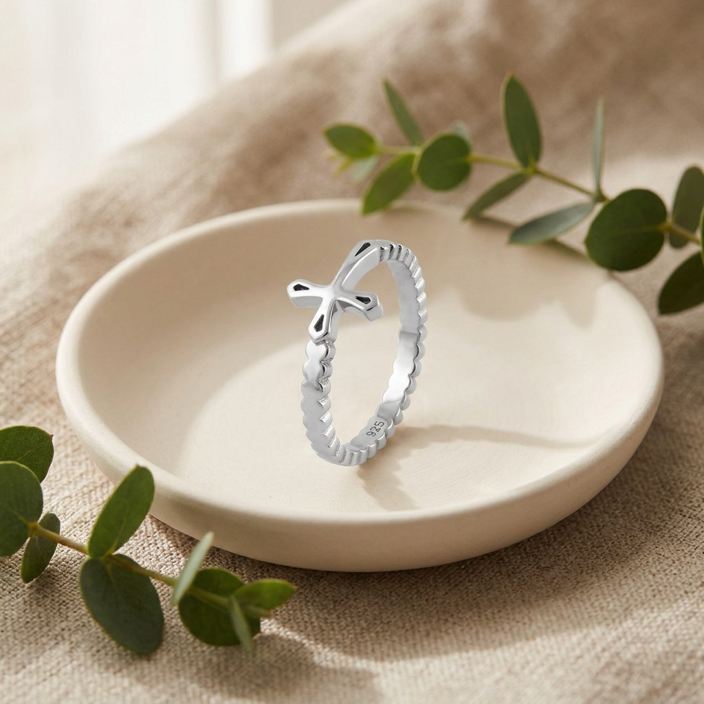 Sterling Silver Sideways Cross Beaded Band Ring for Women life2