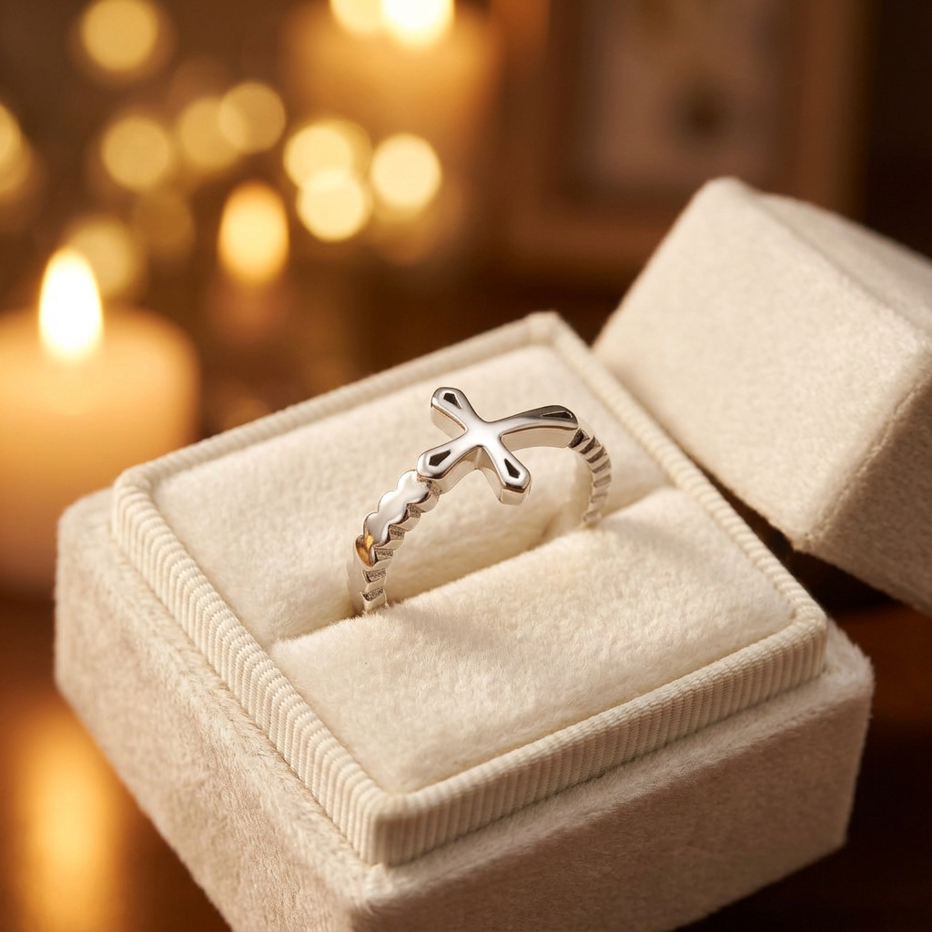 Sterling Silver Sideways Cross Beaded Band Ring for Women life3
