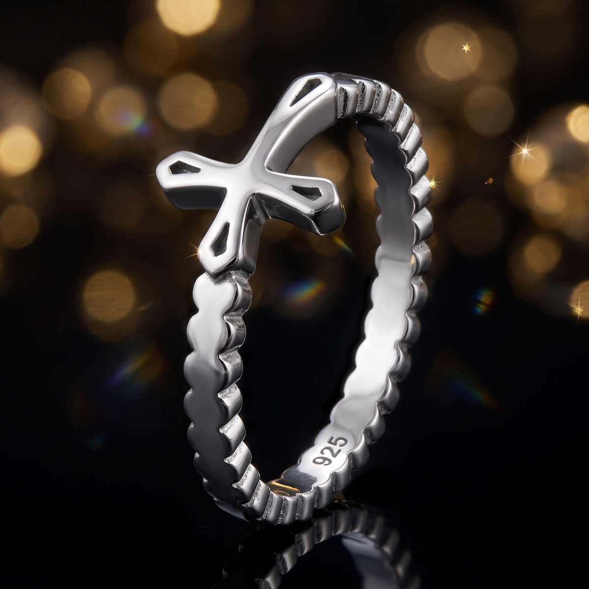 Sterling Silver Sideways Cross Beaded Band Ring for Women life4