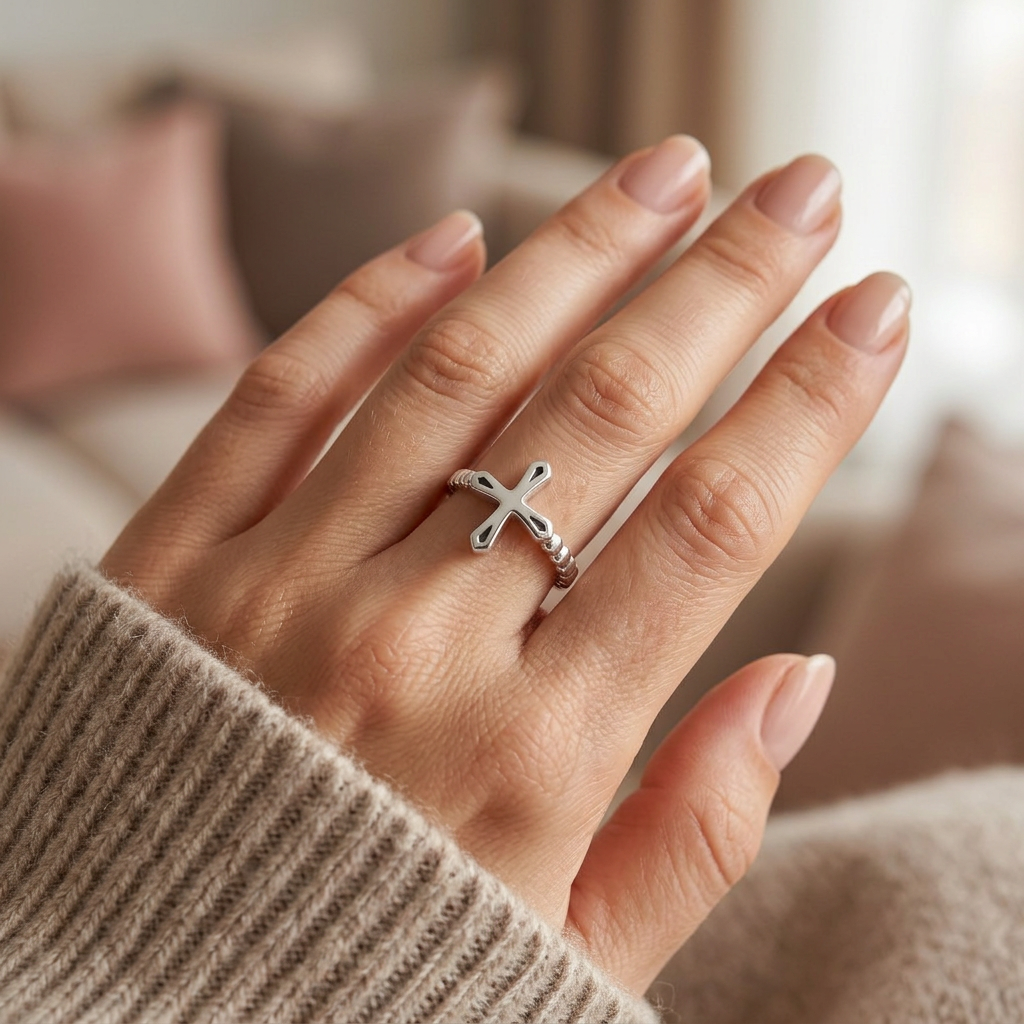 Sterling Silver Sideways Cross Beaded Band Ring for Women model
