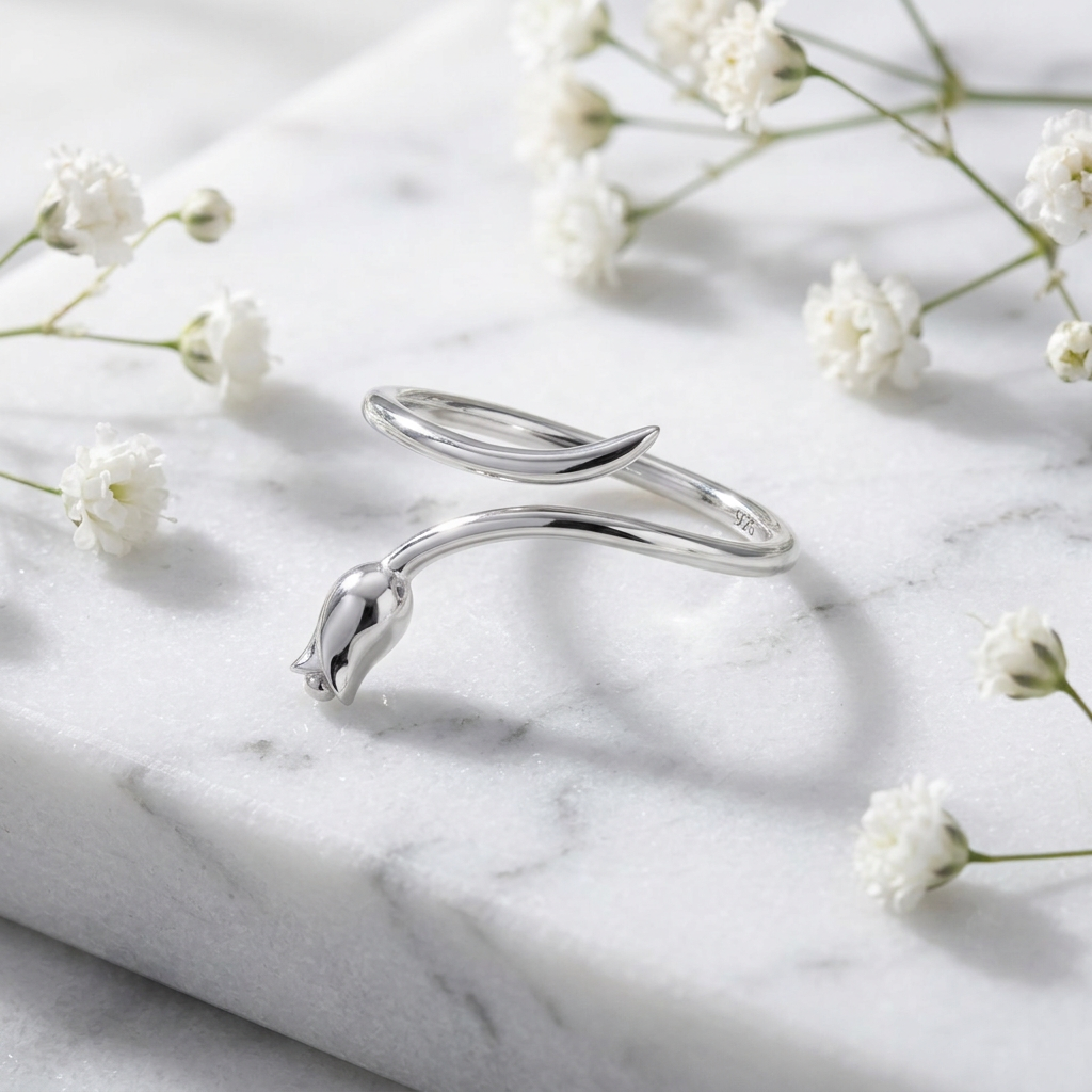 Sterling Silver 1.4mm Rosebud Long Stem Bypass Wrap Ring for Women life1