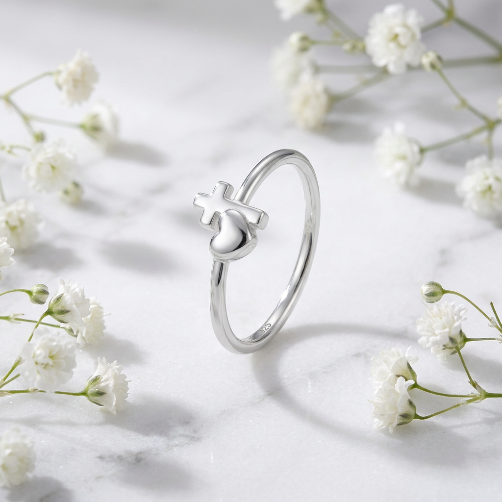 Sterling Silver 1.7mm Heart and Cross Faith Promise Ring for Women life1
