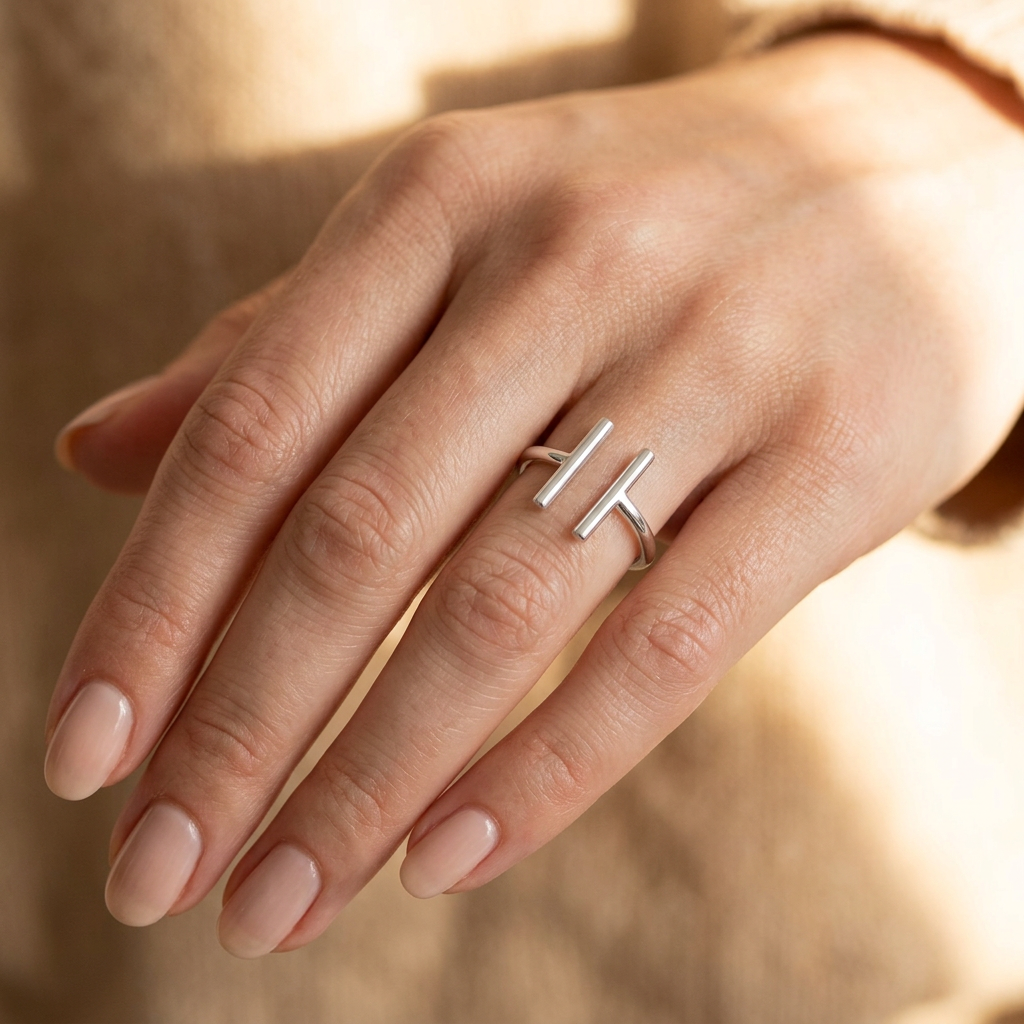 Sterling Silver 1.7mm Open Cuff Parallel Double Bar Minimalist Ring for Women model
