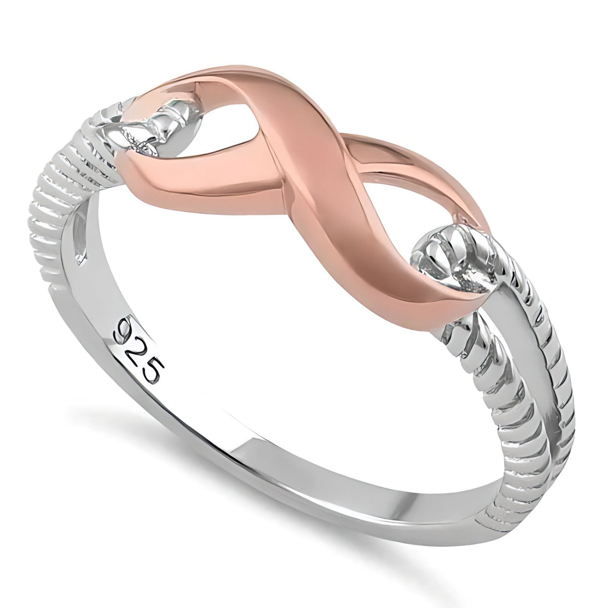 Two Tone Sterling Silver Rose Gold Infinity Rope Split Band Ring for Women