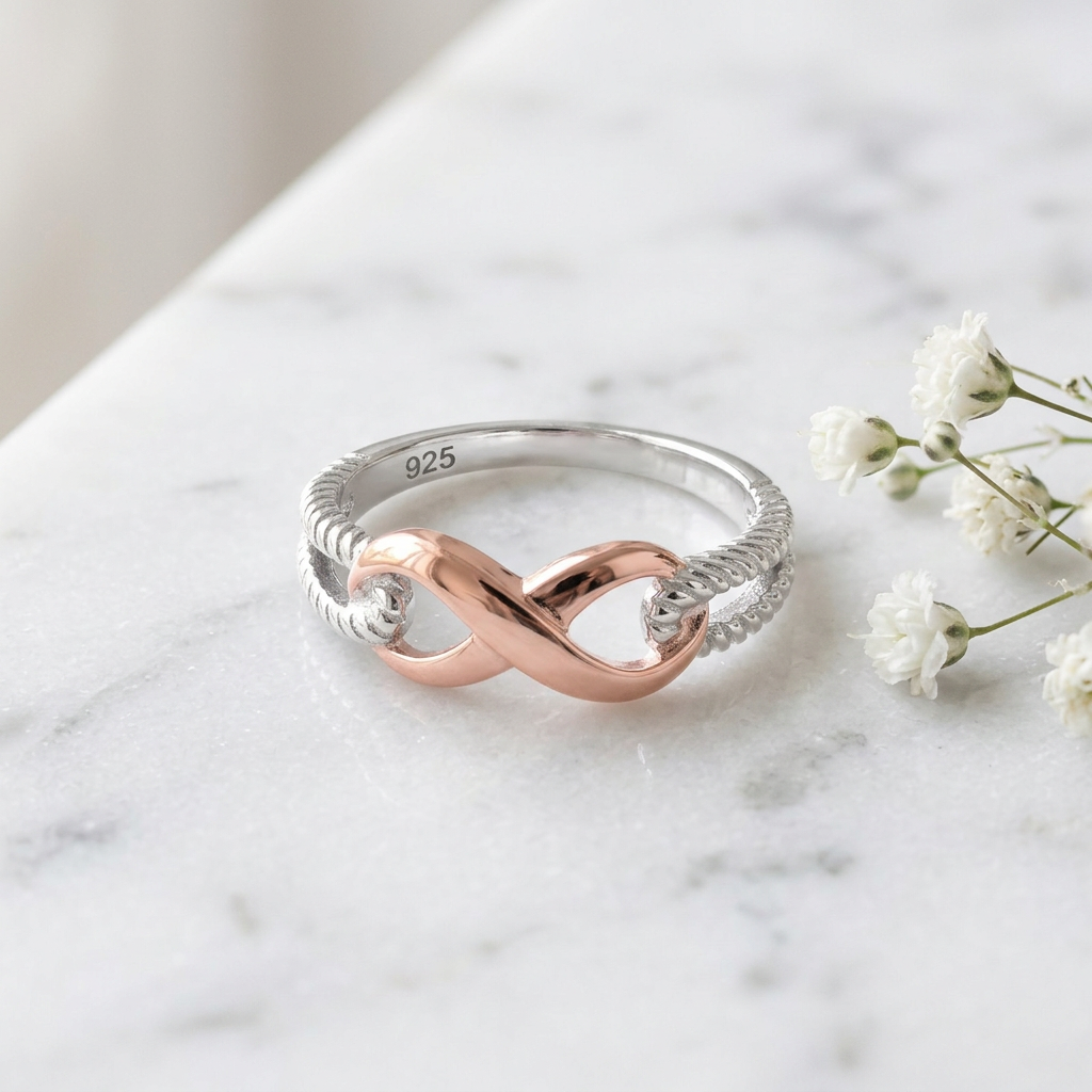 Two Tone Sterling Silver Rose Gold Infinity Rope Split Band Ring for Women life1