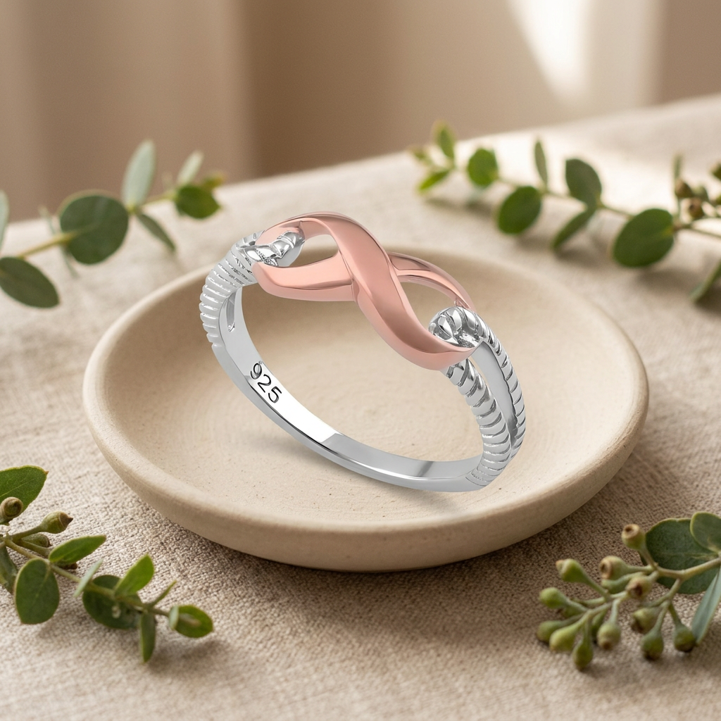 Two Tone Sterling Silver Rose Gold Infinity Rope Split Band Ring for Women life2