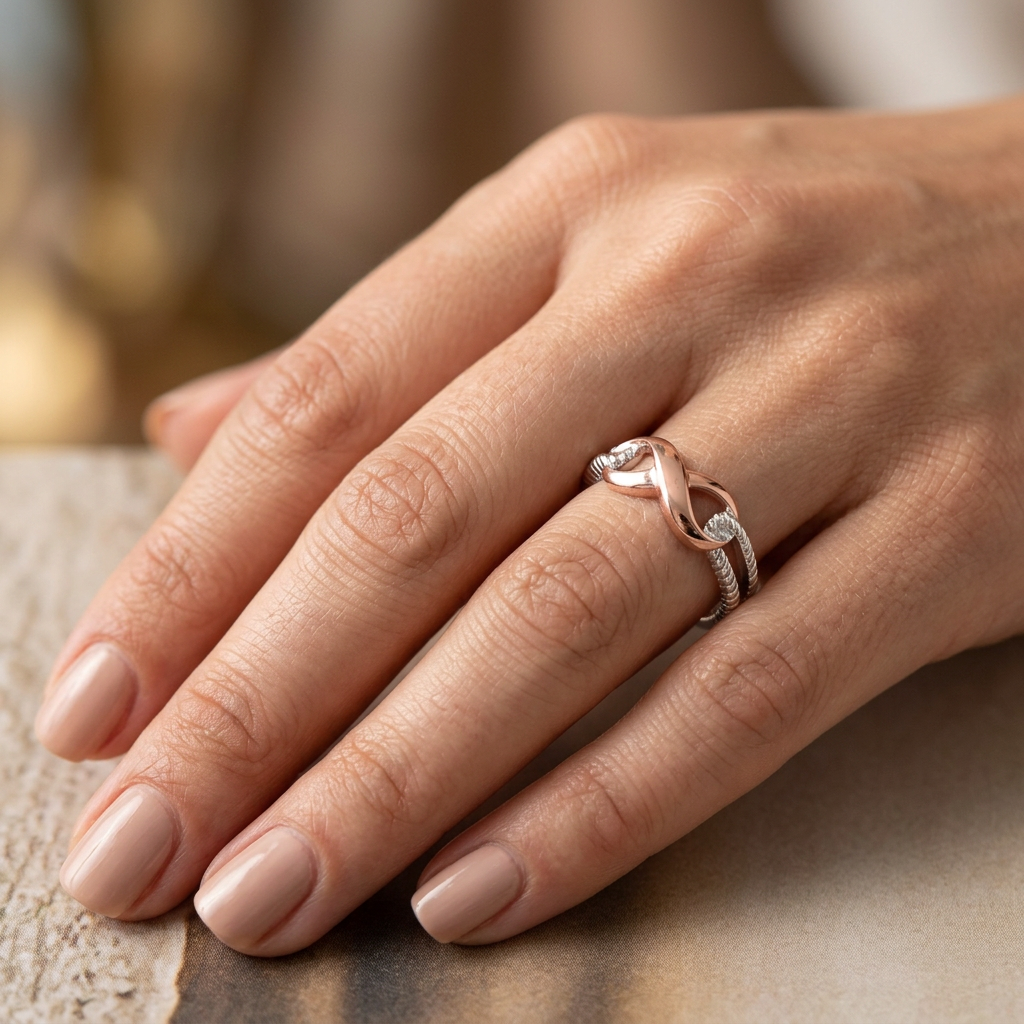 Two Tone Sterling Silver Rose Gold Infinity Rope Split Band Ring for Women model