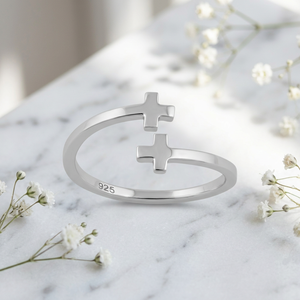 Sterling Silver Open Bypass Double Cross Faith Ring for Women life1