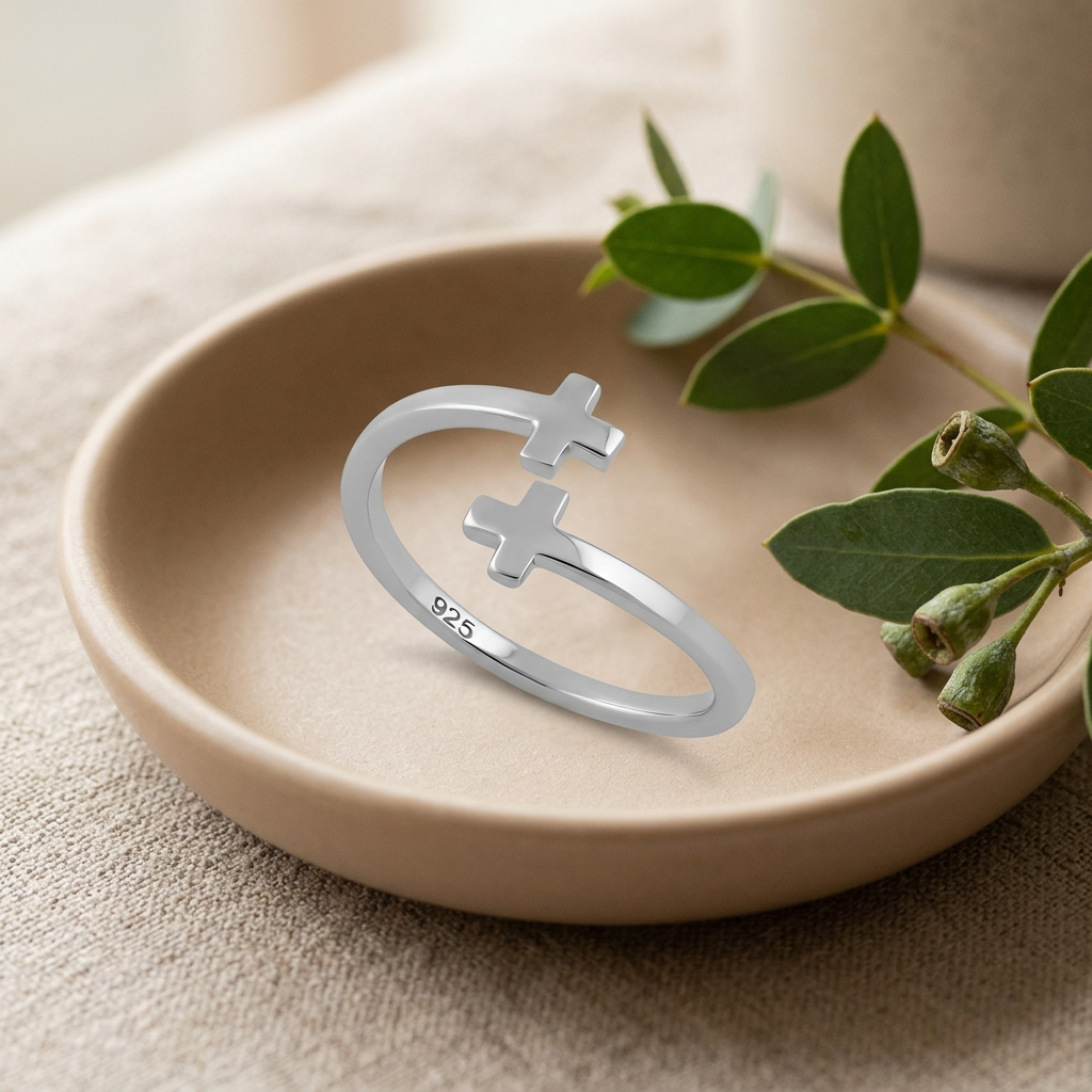 Sterling Silver Open Bypass Double Cross Faith Ring for Women life2