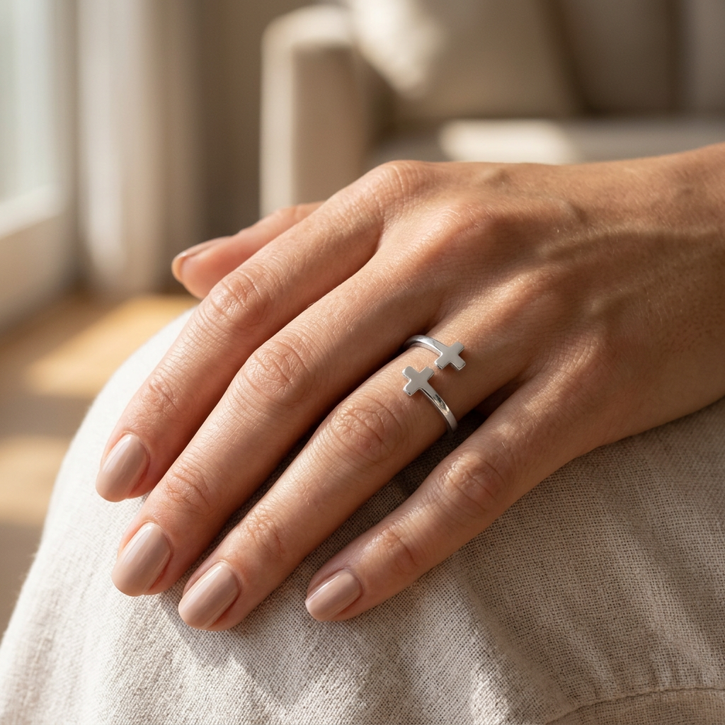 Sterling Silver Open Bypass Double Cross Faith Ring for Women model