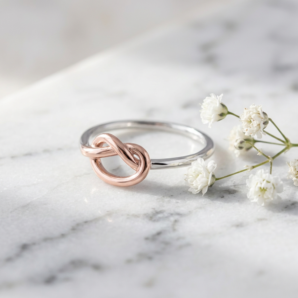 Two Tone Rose Gold Plated Sterling Silver Love Knot Thin Stackable Ring for Women life1