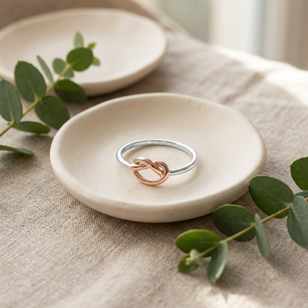 Two Tone Rose Gold Plated Sterling Silver Love Knot Thin Stackable Ring for Women life2