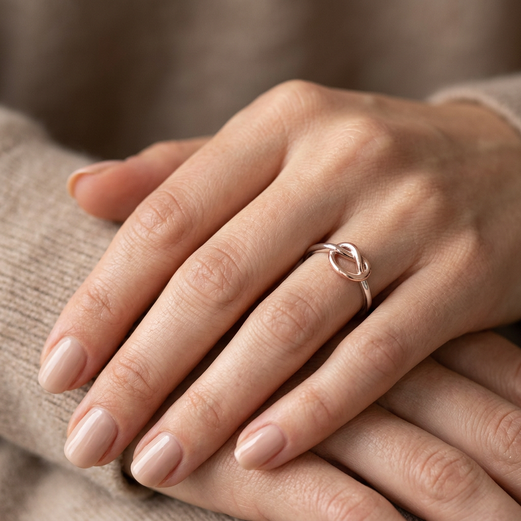 Two Tone Rose Gold Plated Sterling Silver Love Knot Thin Stackable Ring for Women model