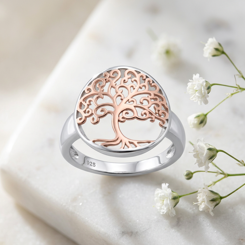 Rose Gold Plated Sterling Silver Two Tone Round Tree of Life Ring for Women life1