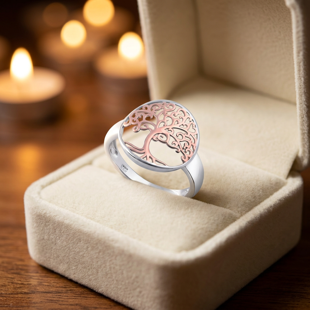 Rose Gold Plated Sterling Silver Two Tone Round Tree of Life Ring for Women life3